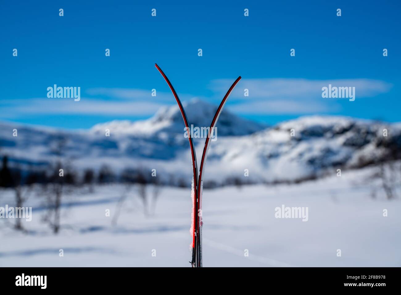 Skis stacked together in the snow with blurred snow capped mountains. Stock Photo