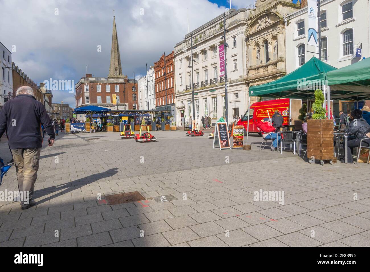 On the day that covid 19 restrictions are eased the public are getting back to normality, Hereford UK. April 2021, Stock Photo