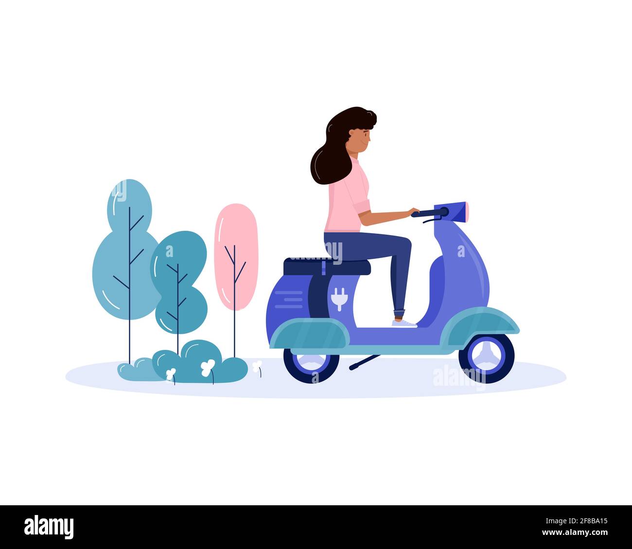 Young woman walking and drive eco city transportation in public park. Personal electric transport, green electro scooter, gyroscooter. Ecological vehi Stock Vector