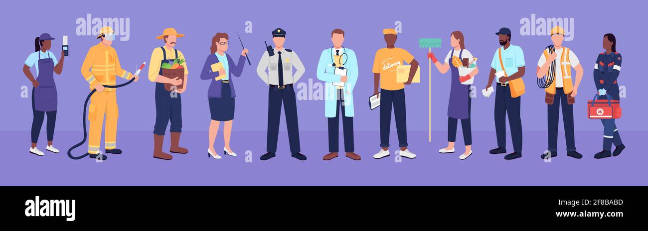 Key workers flat color vector faceless characters Stock Vector