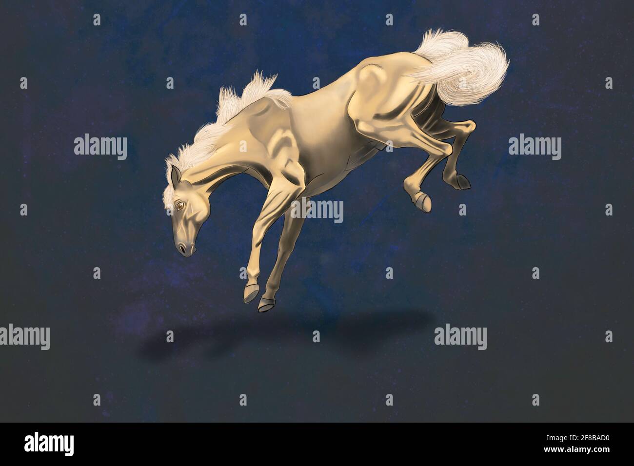 Digital illustration - a bucking Palomino Horse on a dark background. Palomino implies a gold coat and ight cream or white mane and tail. Stock Photo