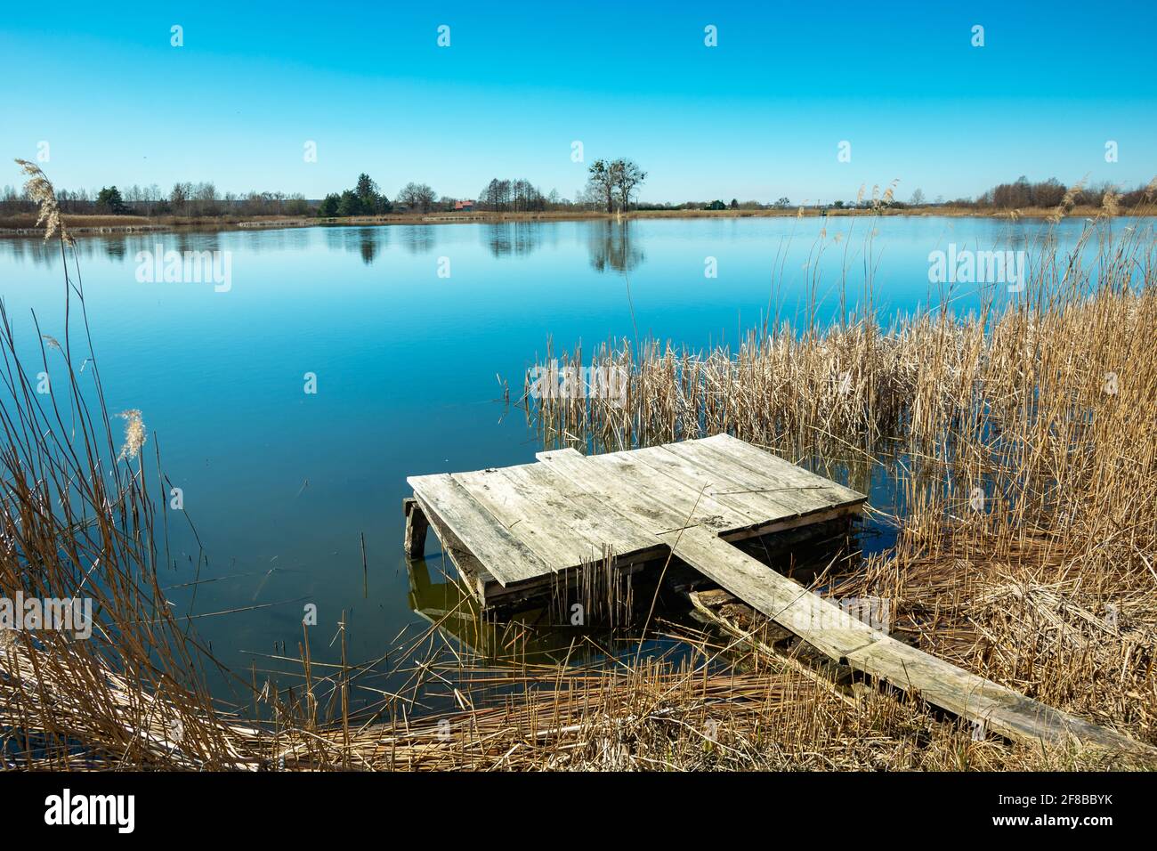 Wooden fishing pier, dry reeds and a beautiful blue lake Stock Photo