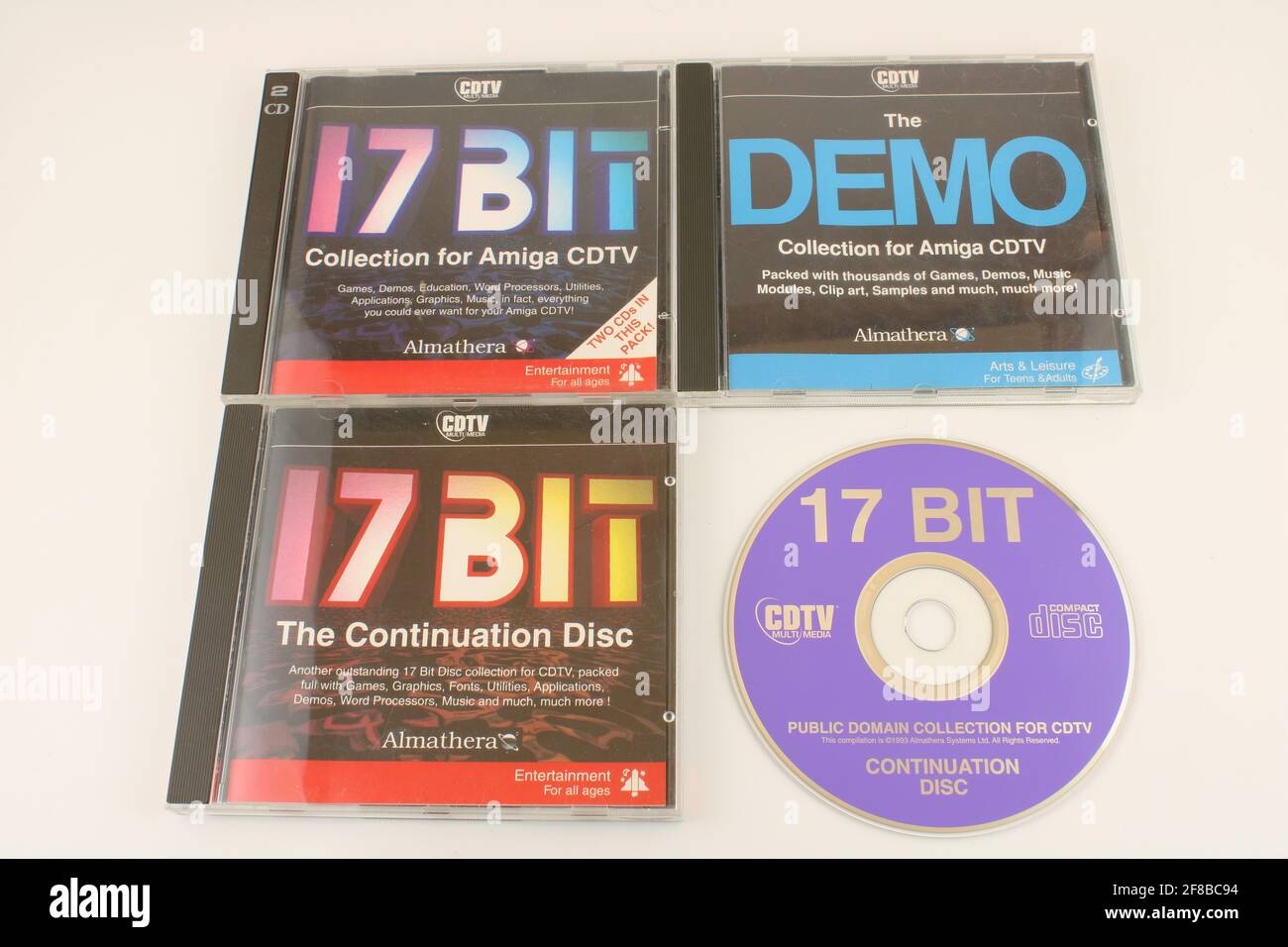 Amiga 17 bit CDs for CDTV. Old Amiga games and graphics concept Stock Photo