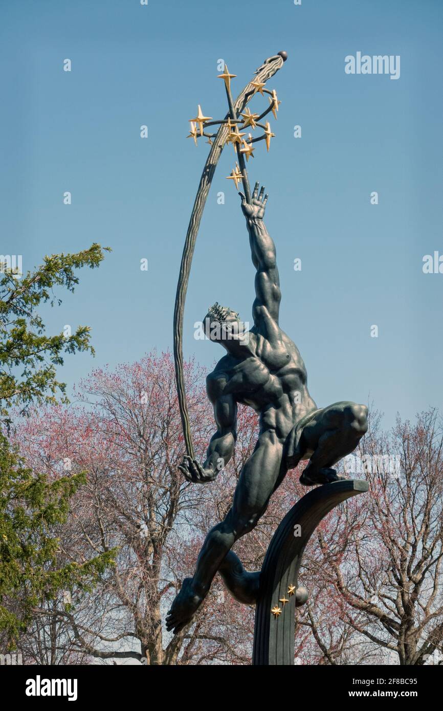 Rocket Thrower, a 1963 bronze sculpture by Donald De Lue.created for the 1964 New York World's Fair. In Flushing Meadows Corona Park in Queens, NYC. Stock Photo