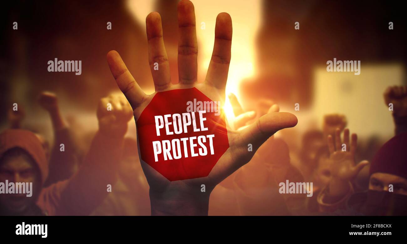 People Protest - Closeup of Raised Palm on Strike. Public Protest and Struggle for People Protest. People Protest. Diverse People Protesting and Fighting for Their Rights. Close Up on Raised Hand. Stock Photo