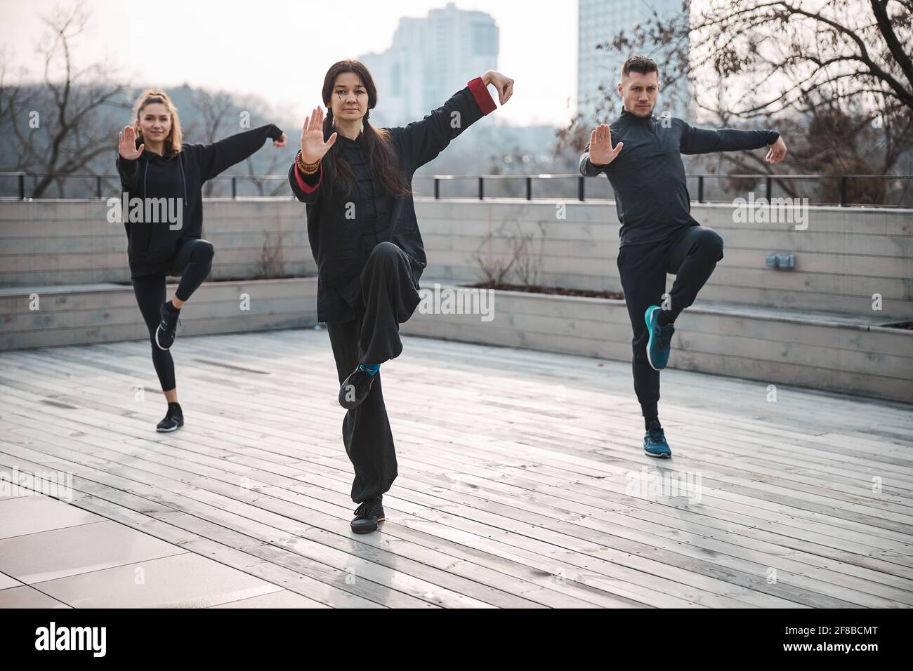 Practitioners of tai chi balancing on one leg on roof Stock Photo - Alamy
