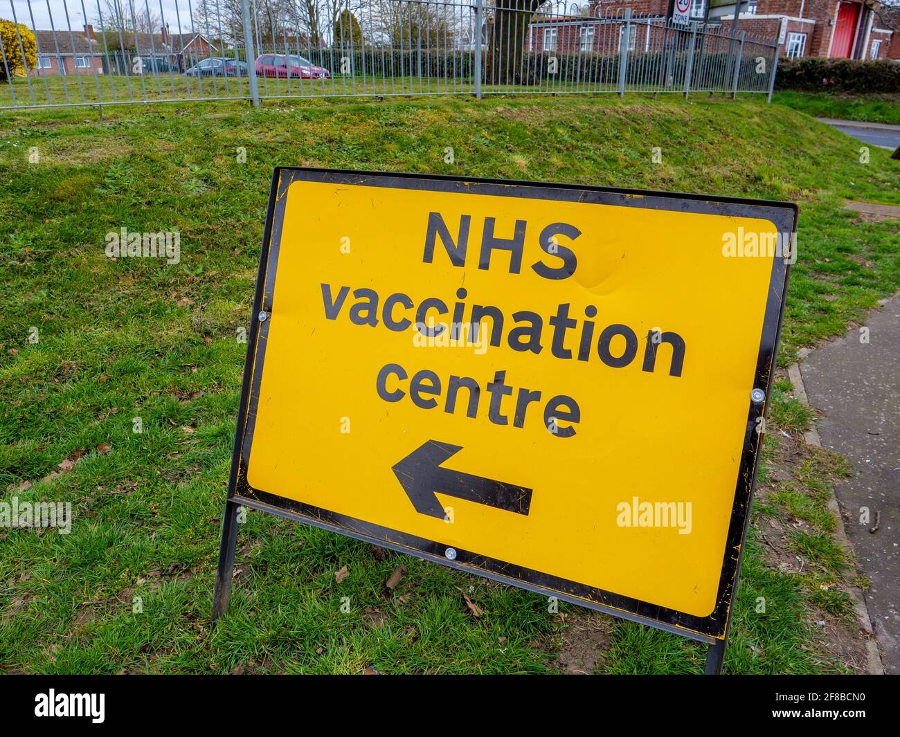 Harleston, Norfolk, 10/04/2021  Covid-19, NHS Vaccination signs in the Norfolk Market Town of Harleston, England, UK.   Picture: Mark Bullimore Photog Stock Photo