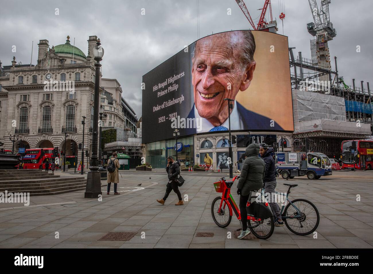 World-famous Piccadilly Circus advertising billboard in central London displayed a tribute to Prince Philip after he died on April 9th 2021 aged 99. Stock Photo