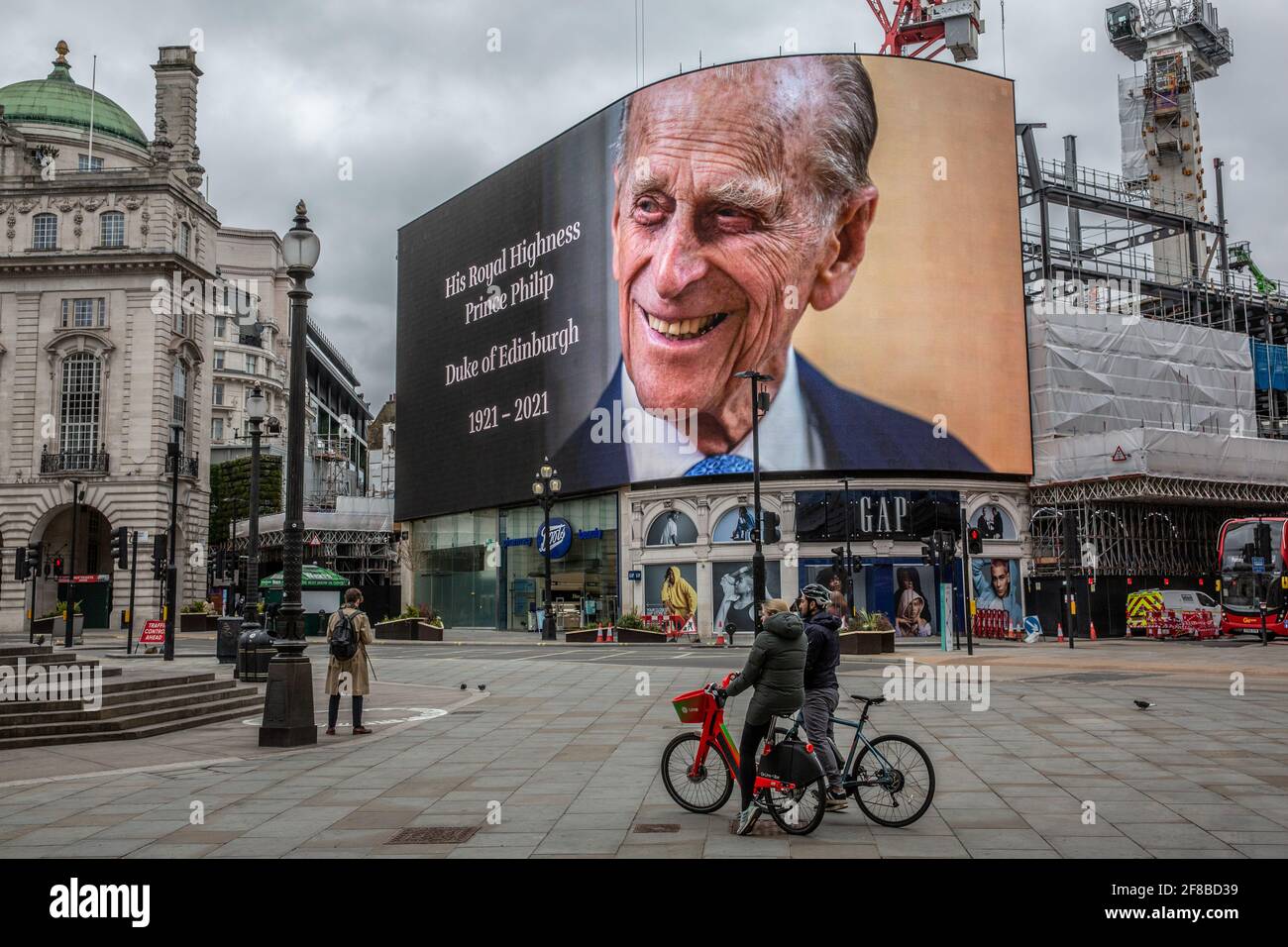 World-famous Piccadilly Circus advertising billboard in central London displayed a tribute to Prince Philip after he died on April 9th 2021 aged 99. Stock Photo