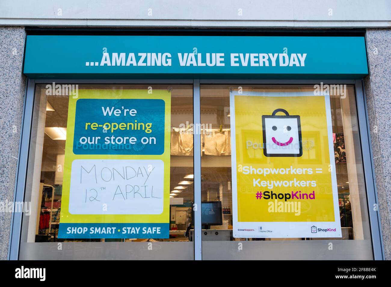 Cardiff, Wales, UK - April 12th 2021: General View of signage in Poundland, Queen Street, as shoppers descend on Cardiff City centre. Stock Photo