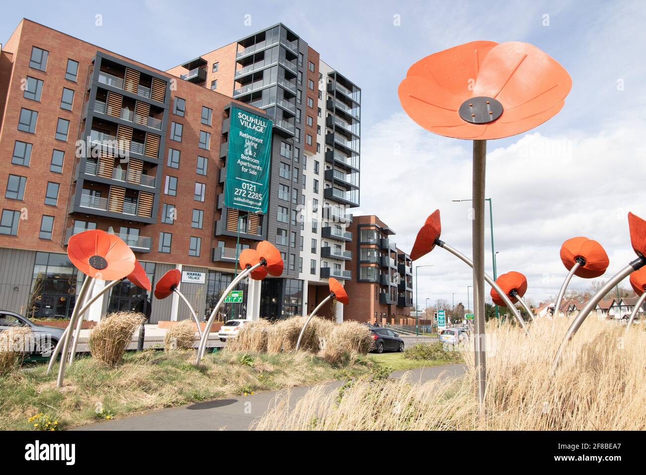 Giant poppy sculptures on the traffic island infront of the Solihull ...