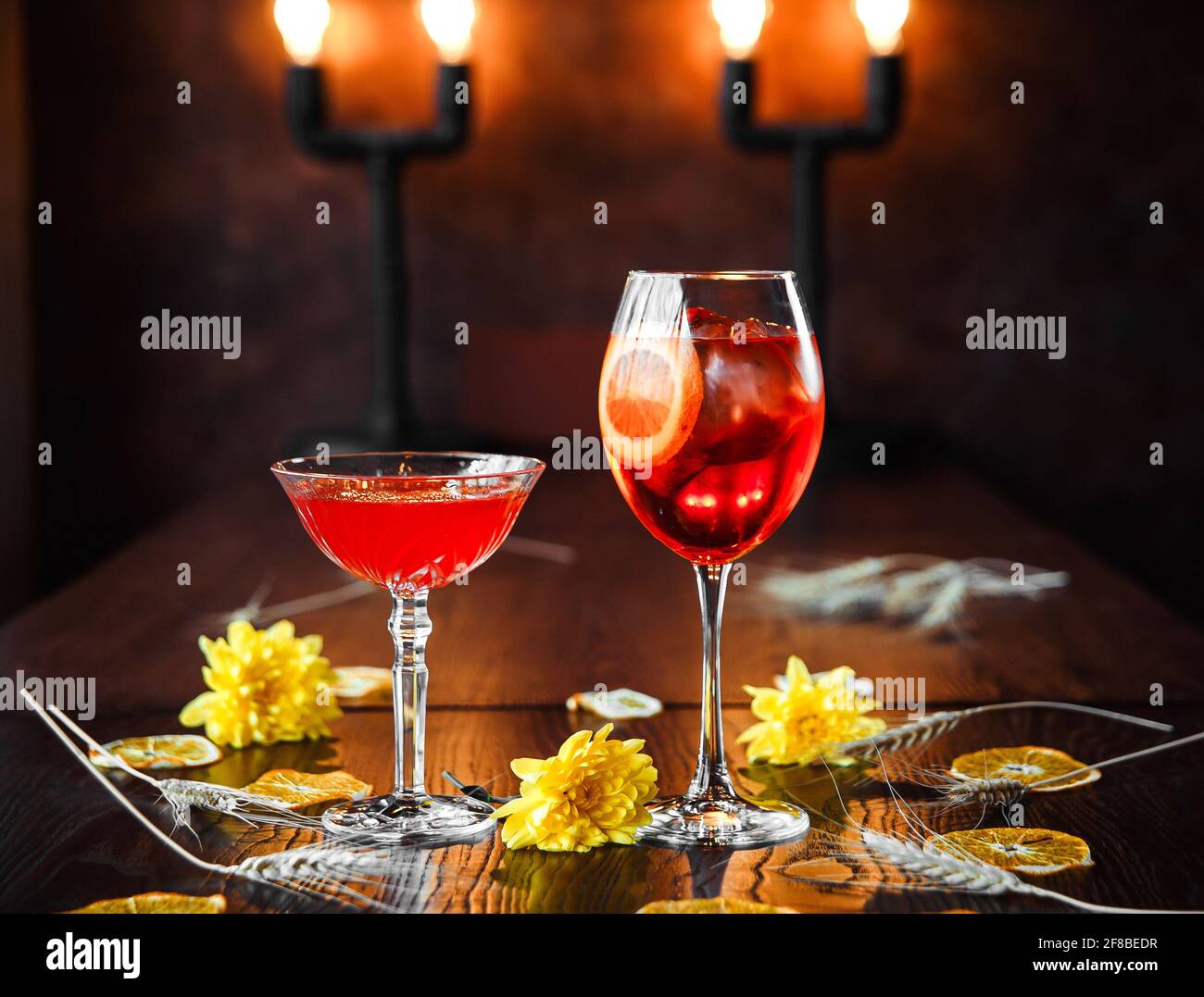 Two sweet cocktails on the decorated background Stock Photo