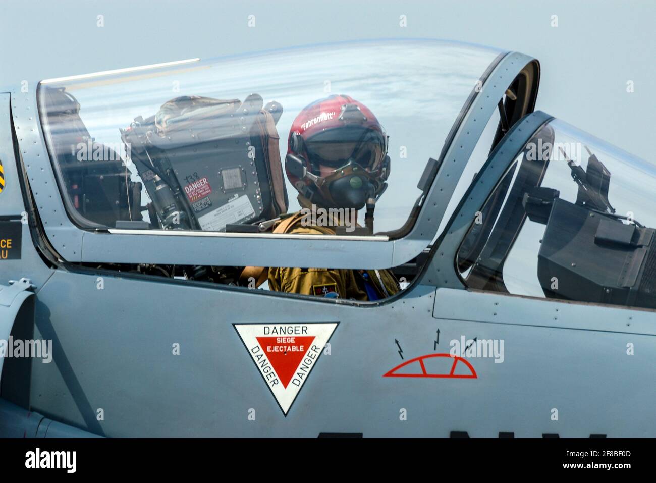 Fighter pilot Yannick ' Thor ' Vallet with ' Fahrenheit ' helmet, French Air Force Mirage 2000 air display pilot. Air show. Airshow. Cockpit canopy Stock Photo