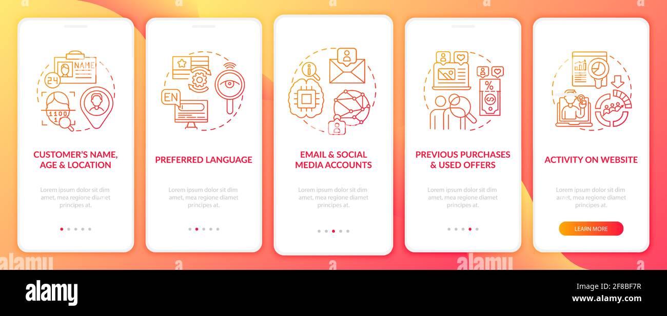 Smart content analytics components red onboarding mobile app page screen with concepts Stock Vector