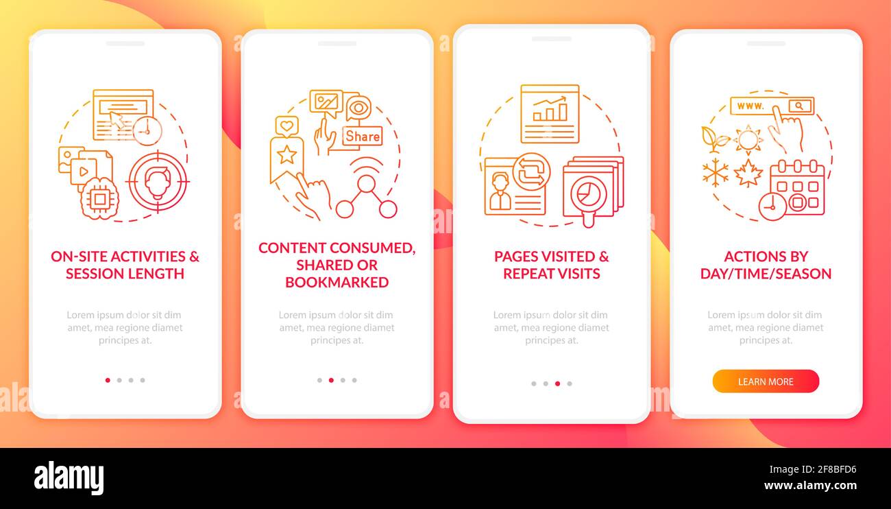 User behaviour analytics red onboarding mobile app page screen with concepts Stock Vector