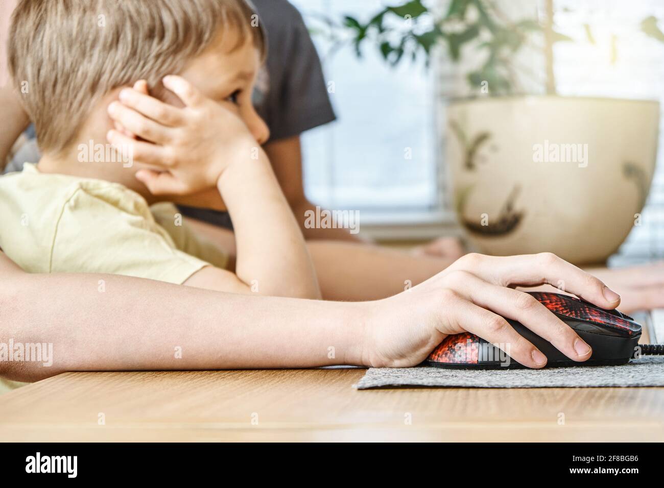 Concentrated little boy in yellow t-shirt looks into computer sitting on brother knees holding hands on mouse and keyboard at home Stock Photo