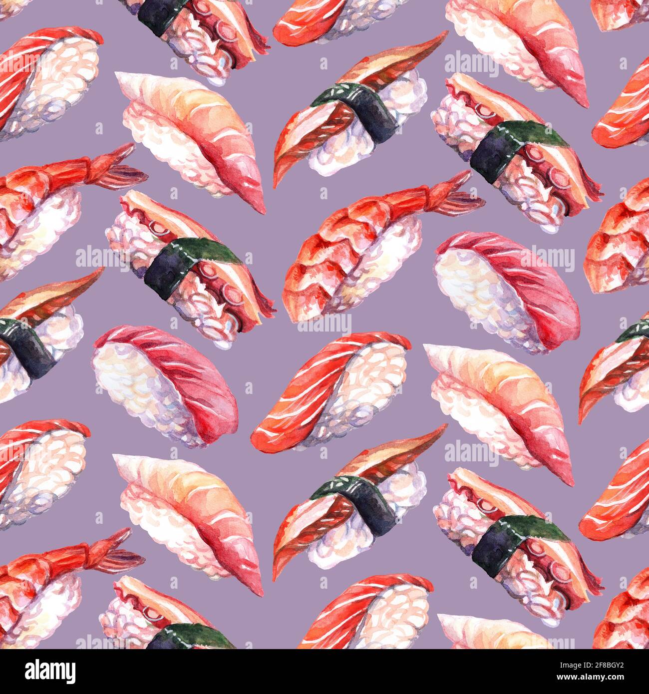 Seamless pattern japanese cuisine different sushi, watercolor illustration. Sushi background. For design sushi restaurant menu, cards, print, decor, d Stock Photo