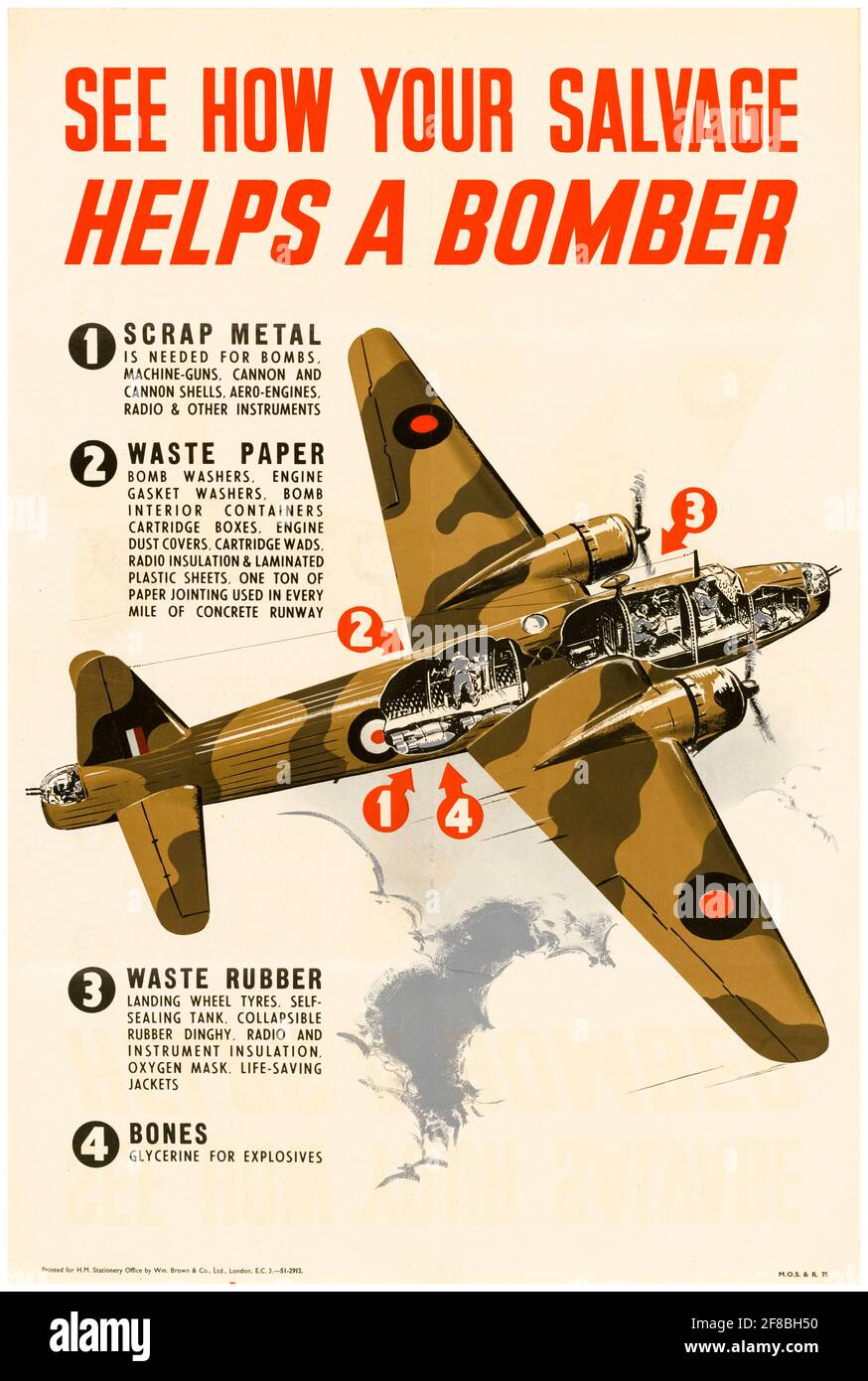 British, WW2 Recycling poster, See How your Salvage Helps a Bomber, 1942-1945 Stock Photo