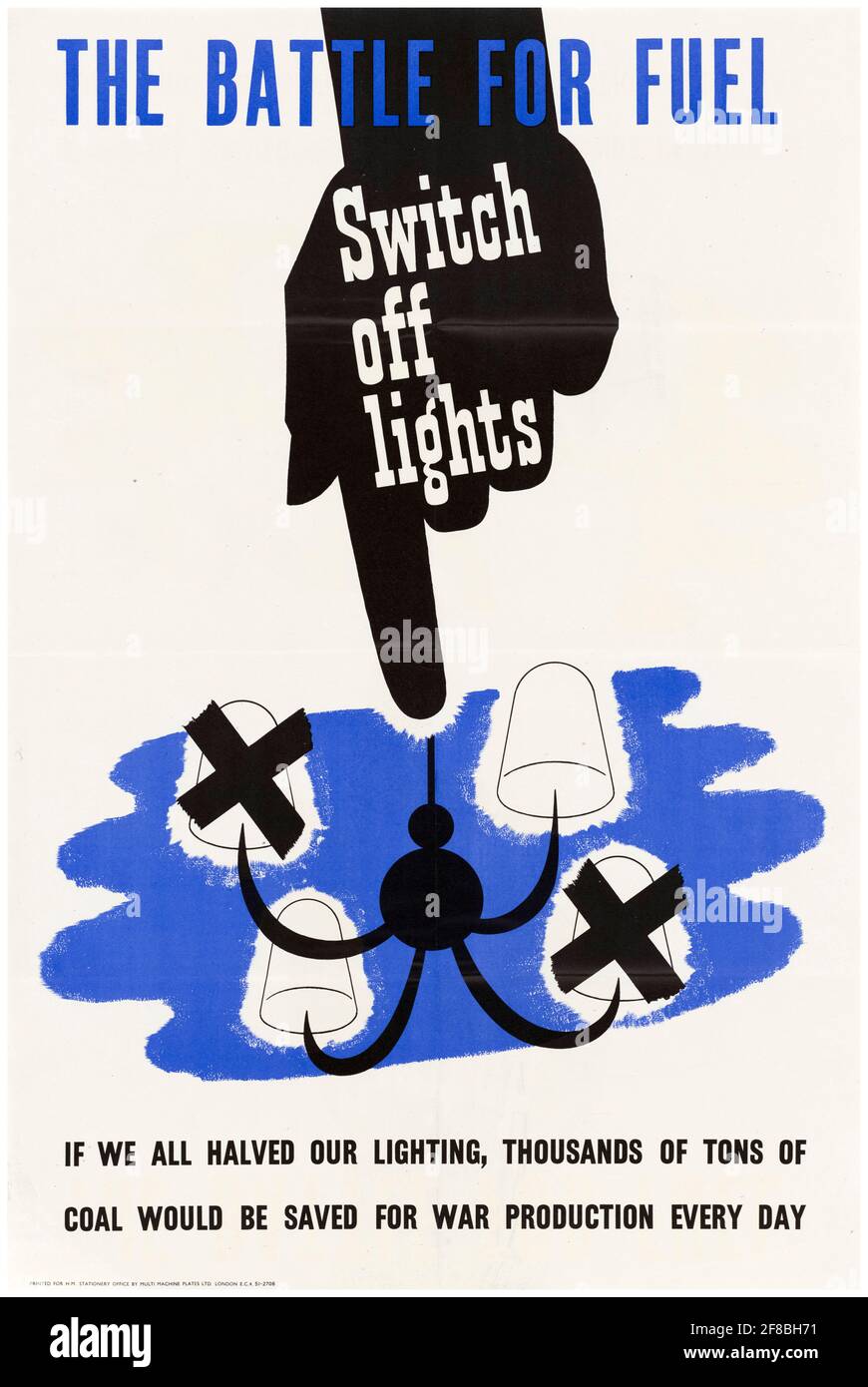 The Battle for Fuel: Switch off Lights, British WW2 Saving energy poster 1942-1945 Stock Photo