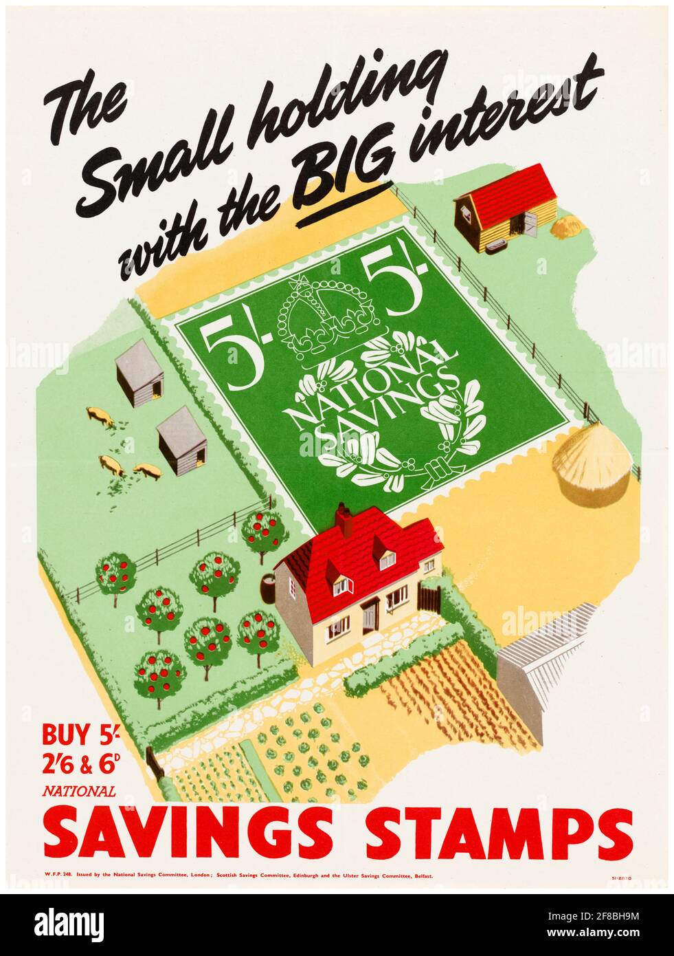British, WW2 National Savings poster: The Small Holding with the Big Interest (Savings Stamp garden), 1942-1945 Stock Photo