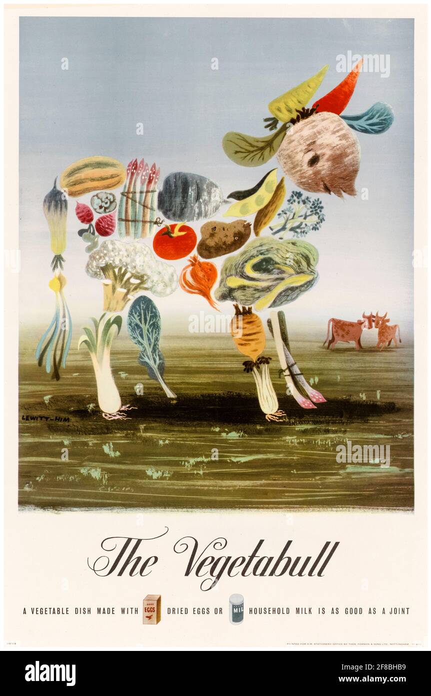 British, WW2,Healthy eating poster, The Vegetabull, (promoting vegetables instead of meat), 1942-1945 Stock Photo