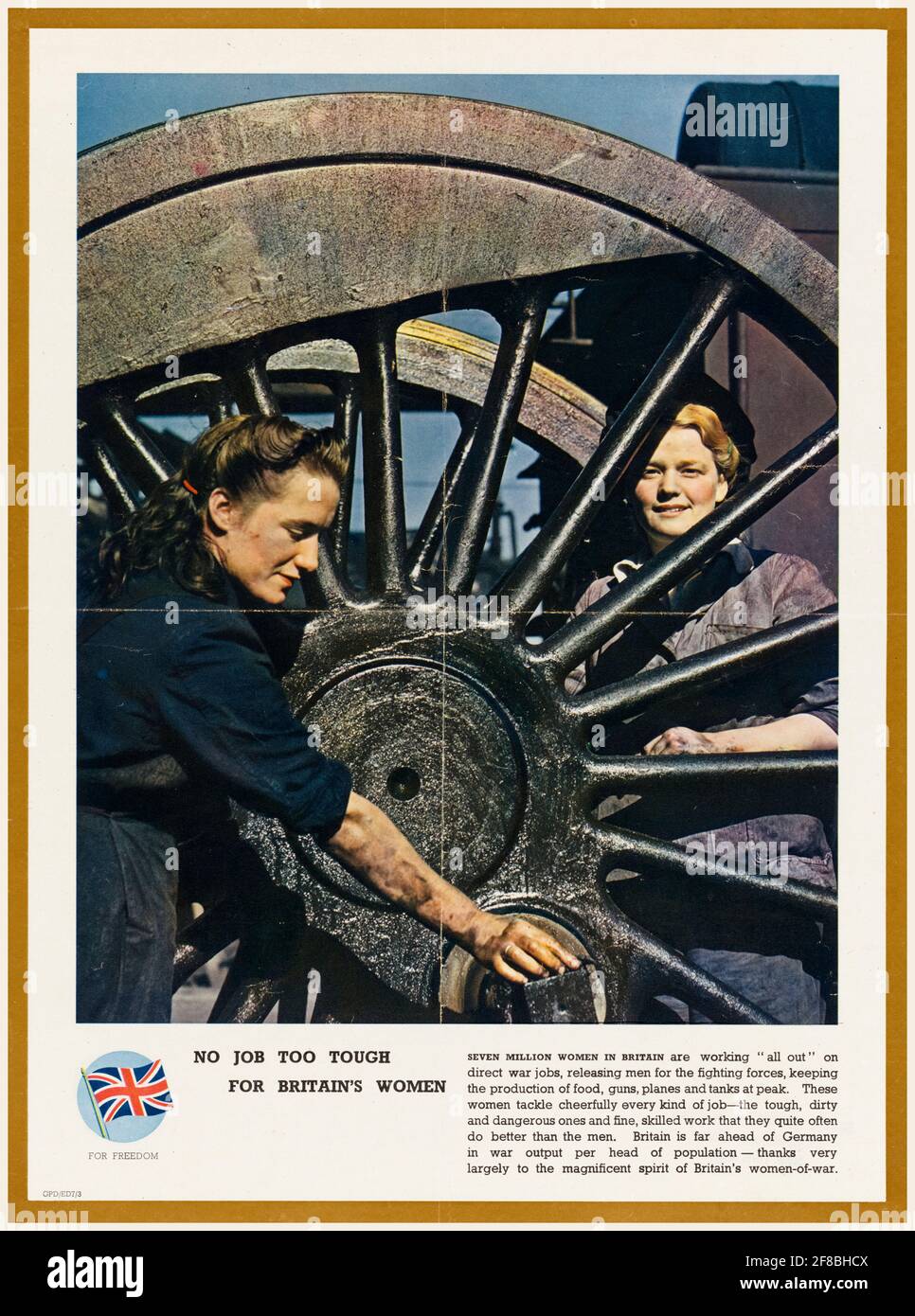 British, WW2 war work poster, Women working in a factory producing train wheels, 1942-1945 Stock Photo