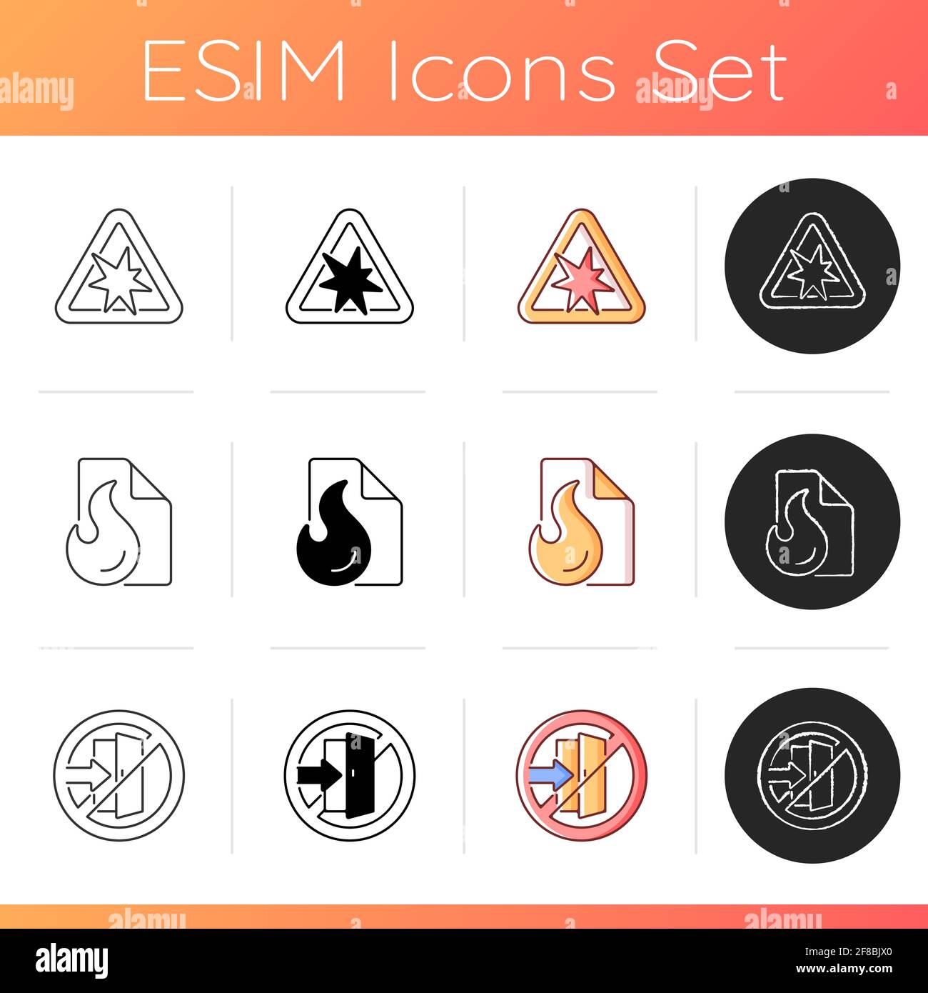 Fire accident guidelines icons set Stock Vector