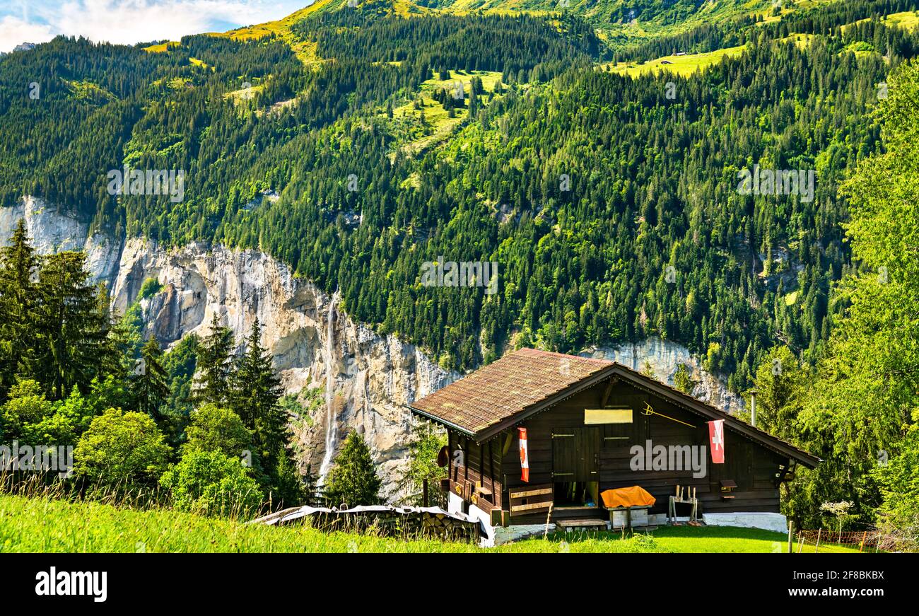 Traditional wooden house in Wengen, Switzerland Stock Photo