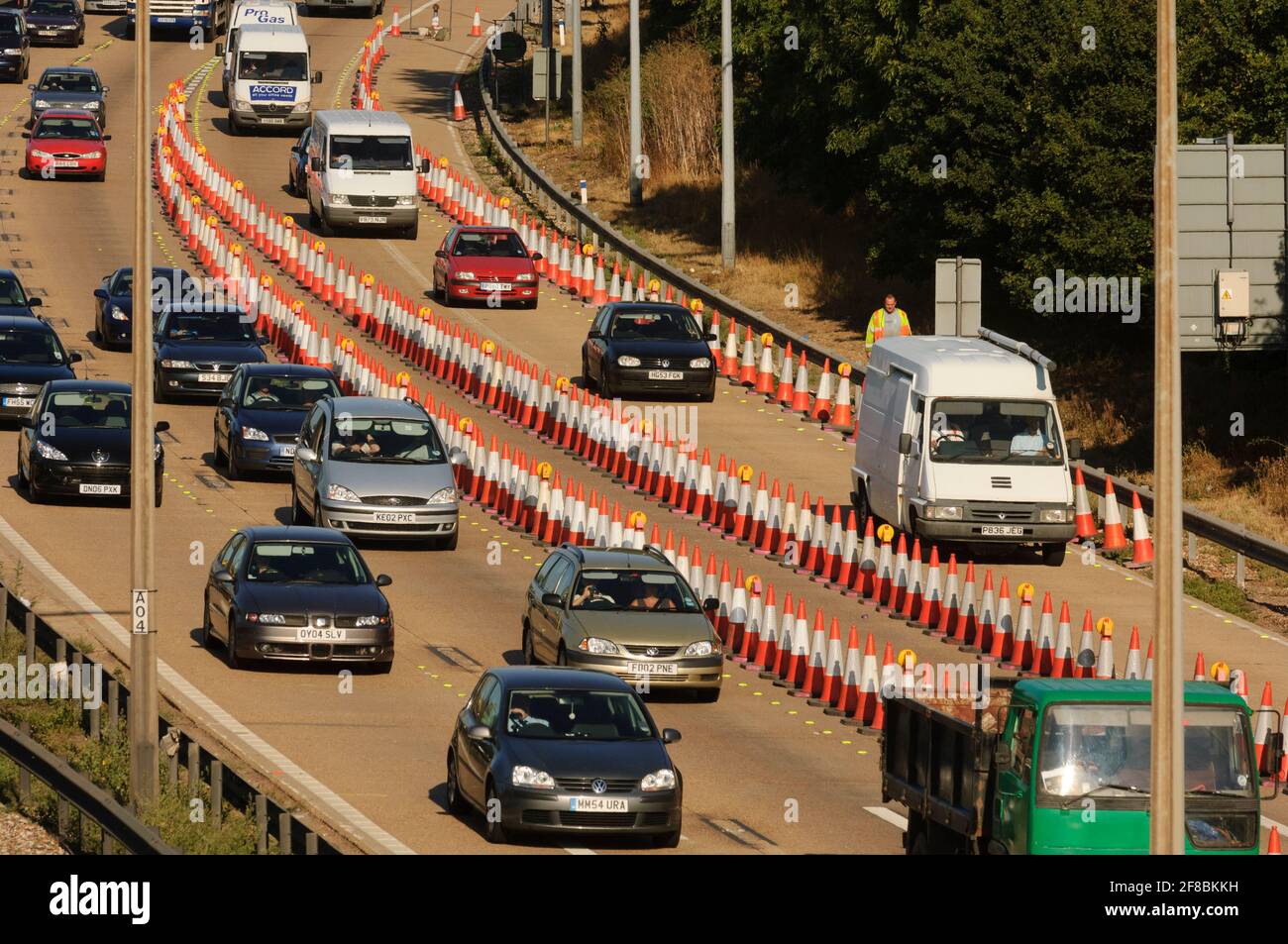 Traffic going through roadworks, M25 motorway between near Theydon Bois