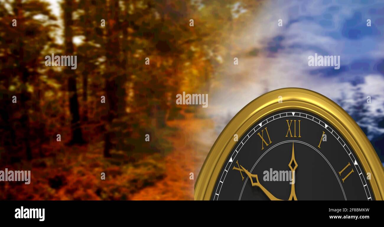 A clock face standing against a background of autumn leaves and winter landscape Stock Photo