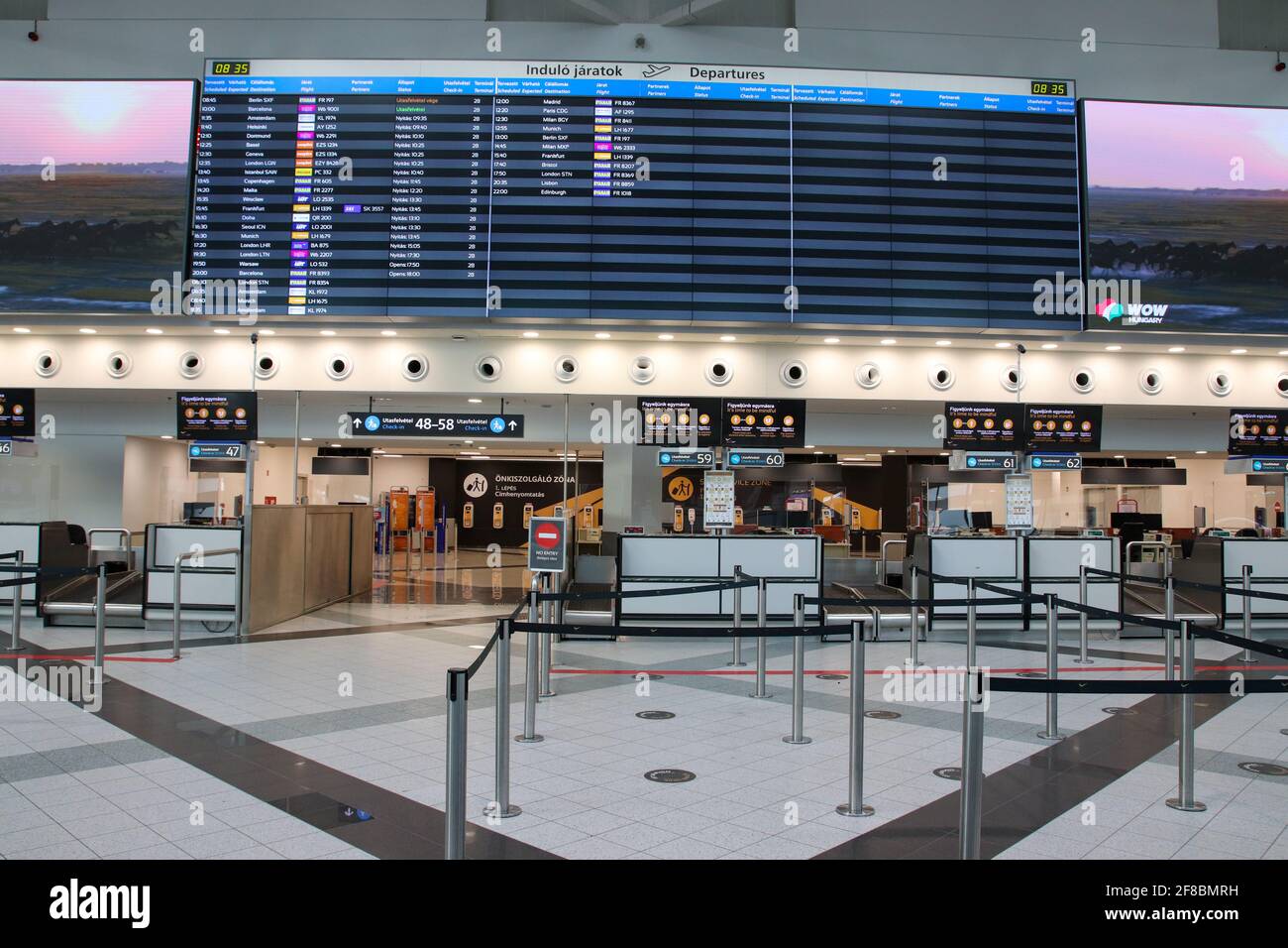 Budapest, Hungary - October 19. 2020 : Check in at the airport terminal without people during th Coronavirus pandemic Stock Photo
