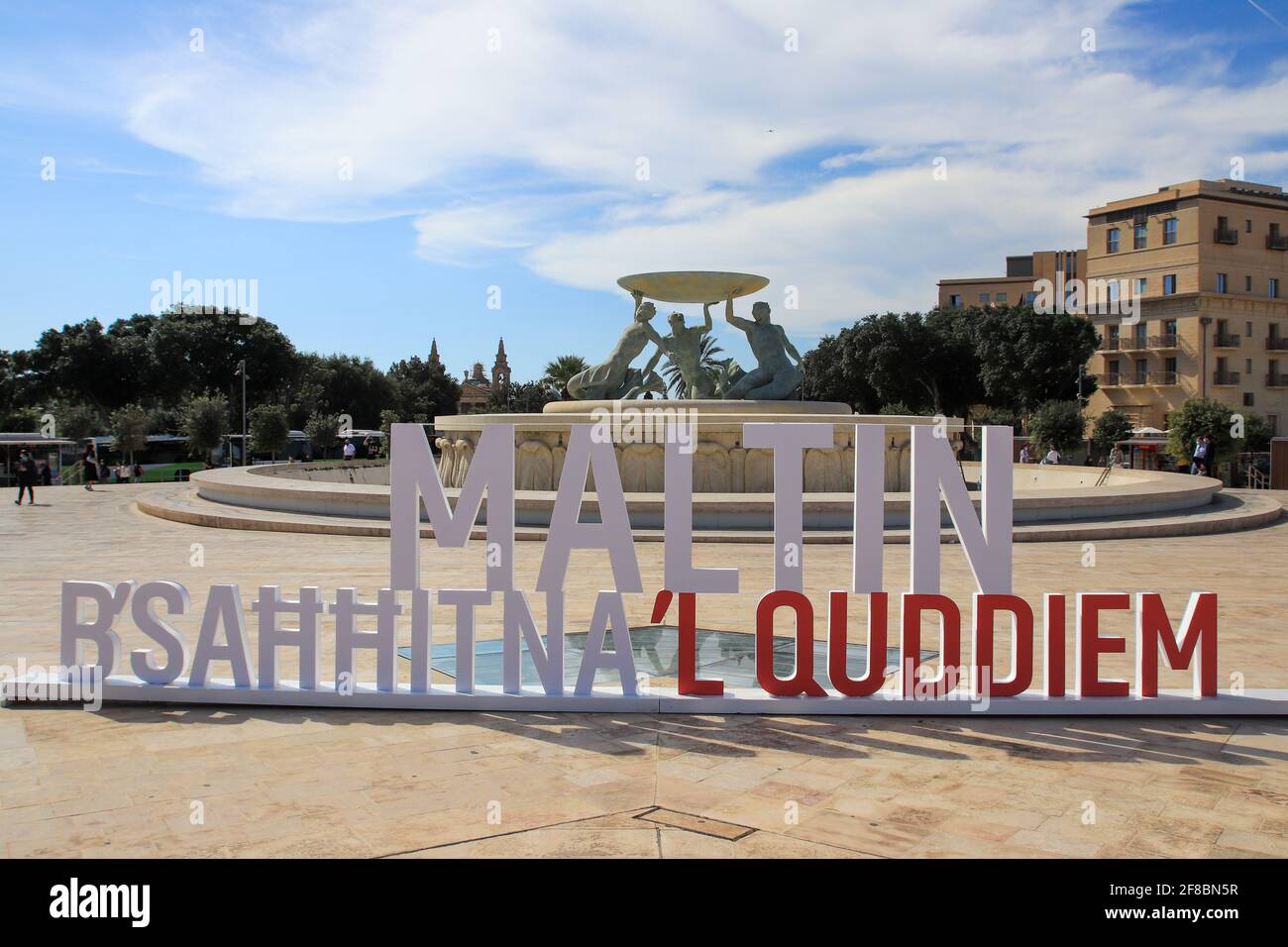 Valetta, Malta - October 22, 2020: 'Maltin b’Sahhitna ’l Quddiem' written in maltese language means 'Maltese with a Strong Forward' Stock Photo