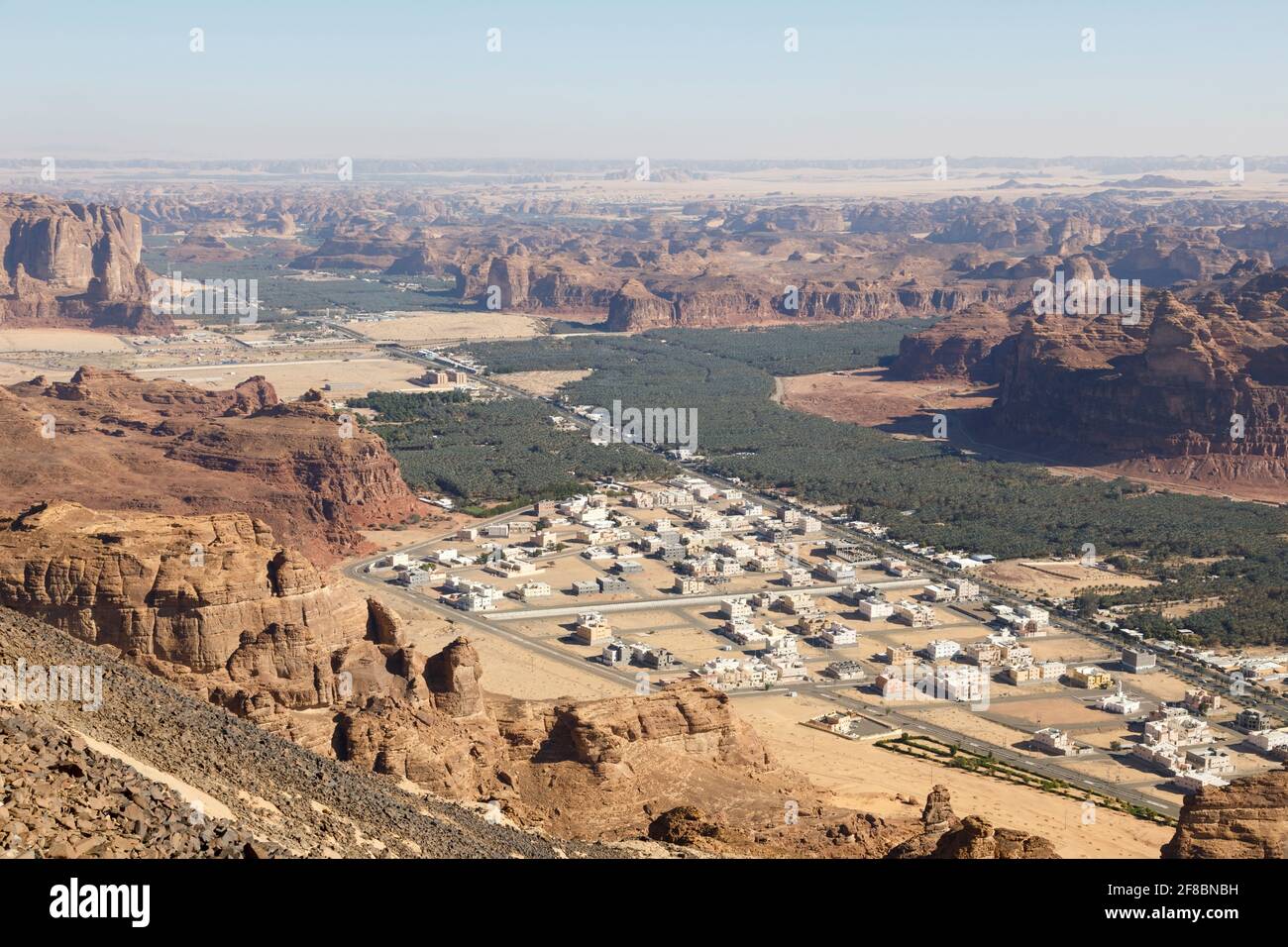 View towards Al Ula, an oasis in the middle of the mountainous landscape of Saudi Arabia Stock Photo