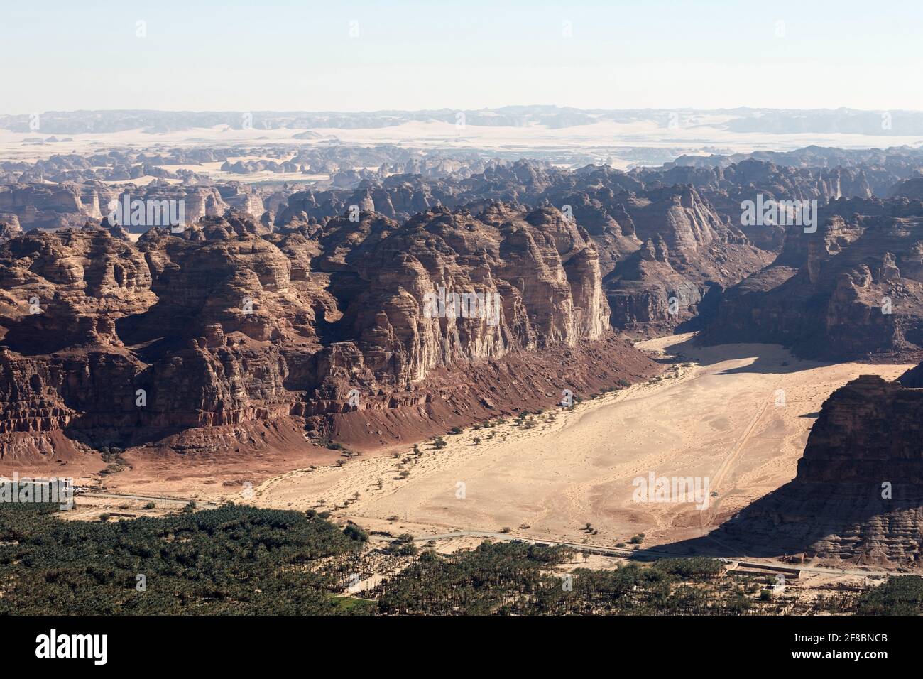 Typical landscape with eroded mountains in the desert oasis of Al Ula