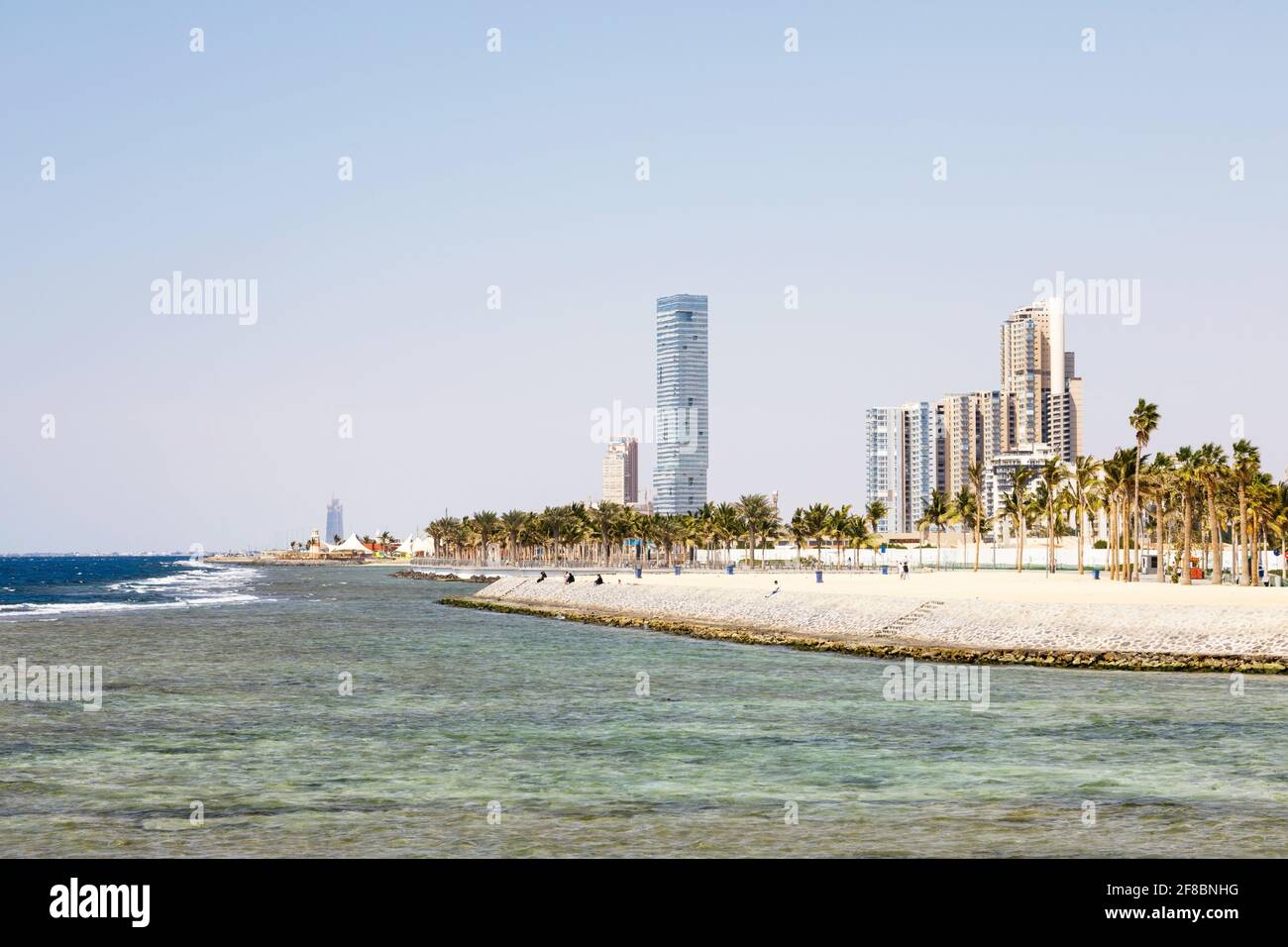 Skyline on the Corniche, promenade on the shores of the Red Sea in downtown Jeddah, Saudi Arabia Stock Photo