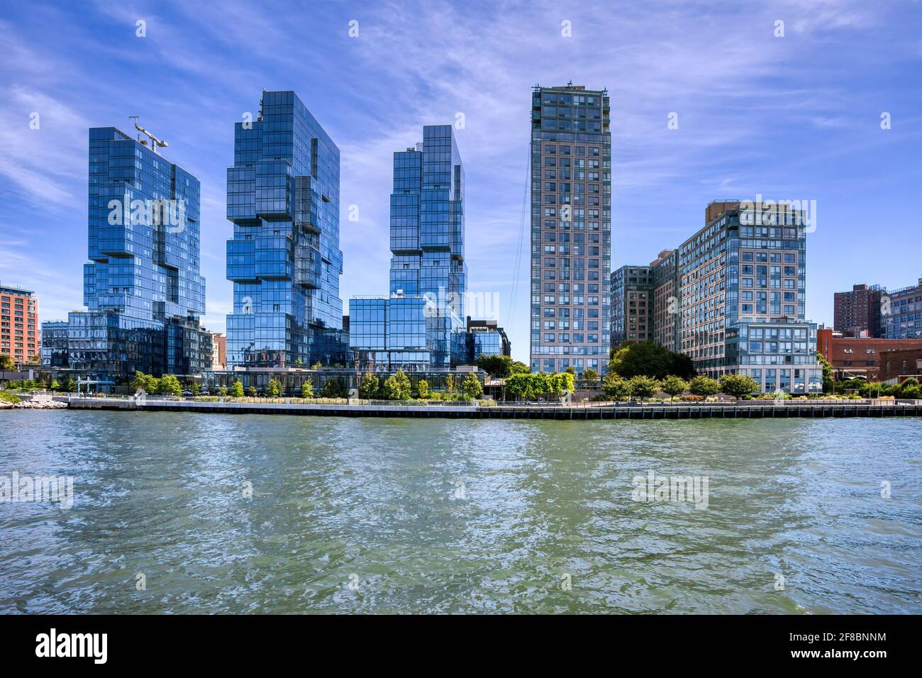 The three all-glass Jenga-like buildings are 416 and 420 Kent Avenue; to their right are Schaefer Landing North and South, wings of 450 Kent Avenue. Stock Photo