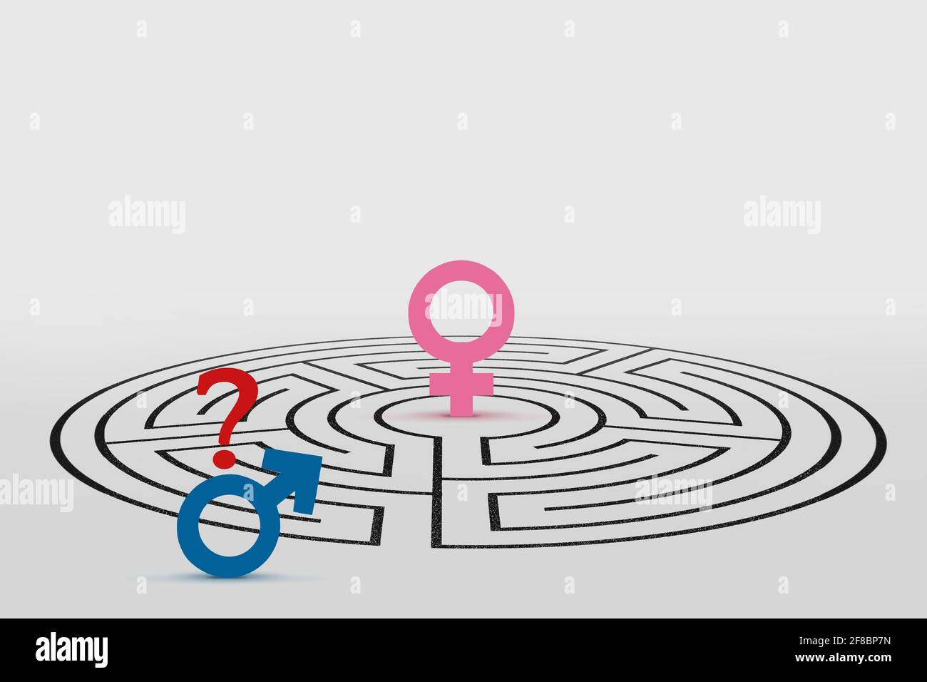 Female symbol in a labyrinth and male symbol with question mark - Concept of male and female psychology Stock Photo