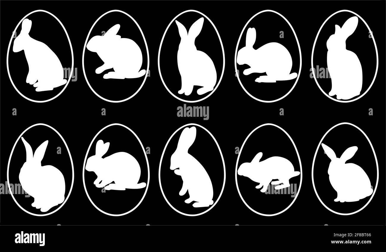 Collection of different easter eggs with rabbits on black background Stock Vector