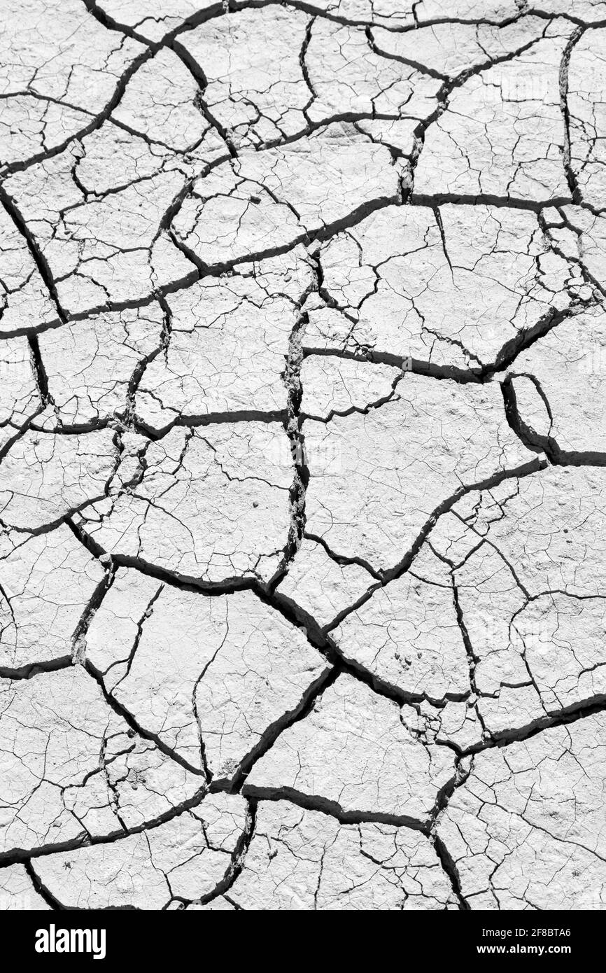 The ground has dried out due to lack of rain and has deep cracks. Stock Photo