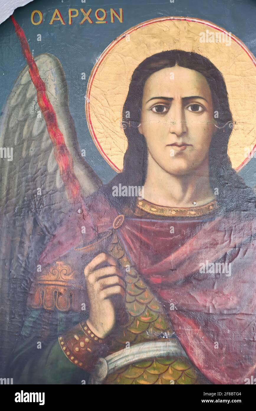 VOLOS, GREECE - Apr 05, 2021: Archangel Michael , a unique icon , hagiography, painting of the year 1920, Russian style ,4-5-2020 Greece, Larissa city Stock Photo