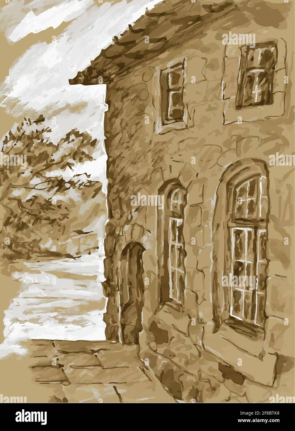 Fragment of the wall of an old stone mansion in perspective with windows and an entrance. Monochrome, sepia, sketch. Stock Vector