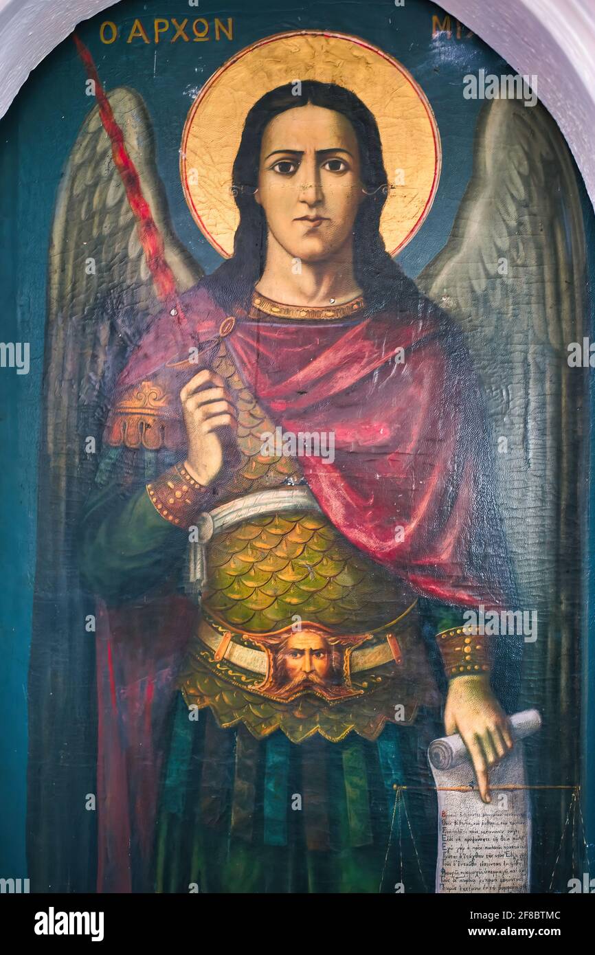 VOLOS, GREECE - Apr 05, 2021: Archangel Michael , 4-5-2020 Greece, Larissa city , a unique hagiography of 1920, Russian style. It is located in a Gree Stock Photo