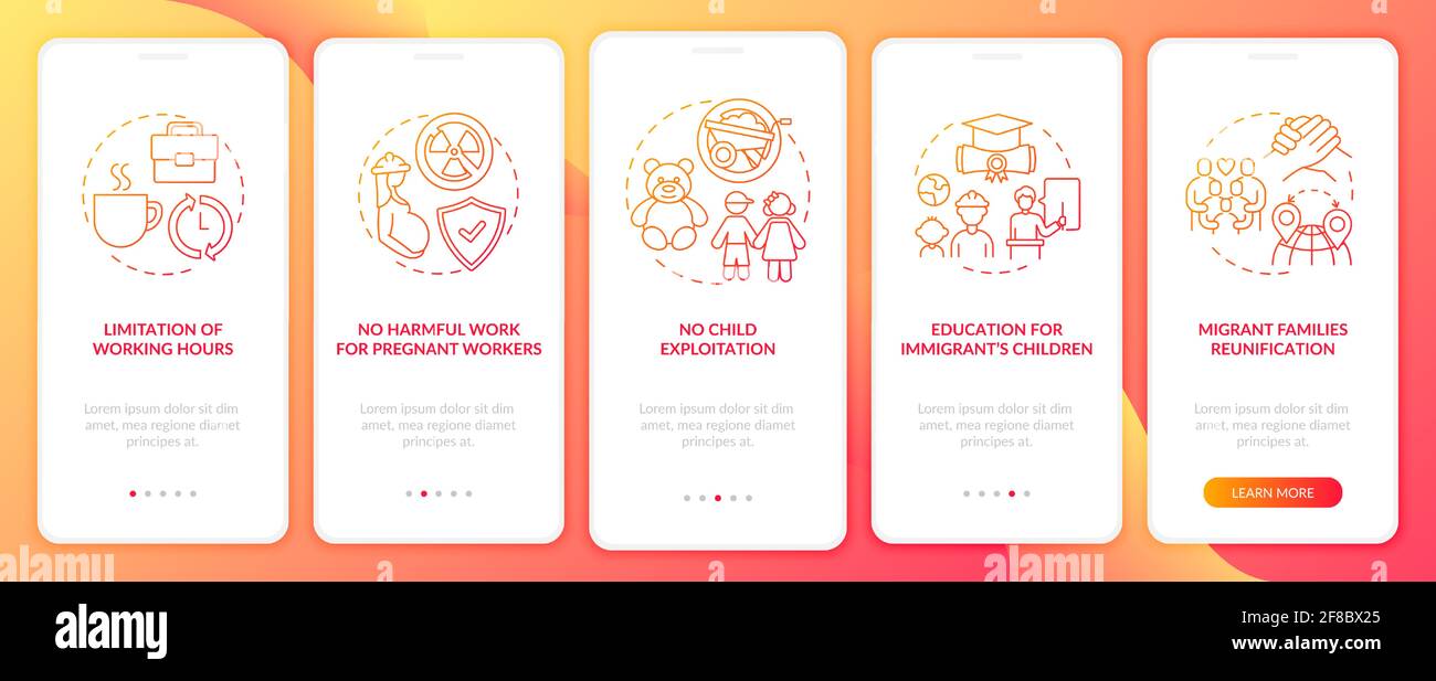 Migrant workers rights red onboarding mobile app page screen with ...