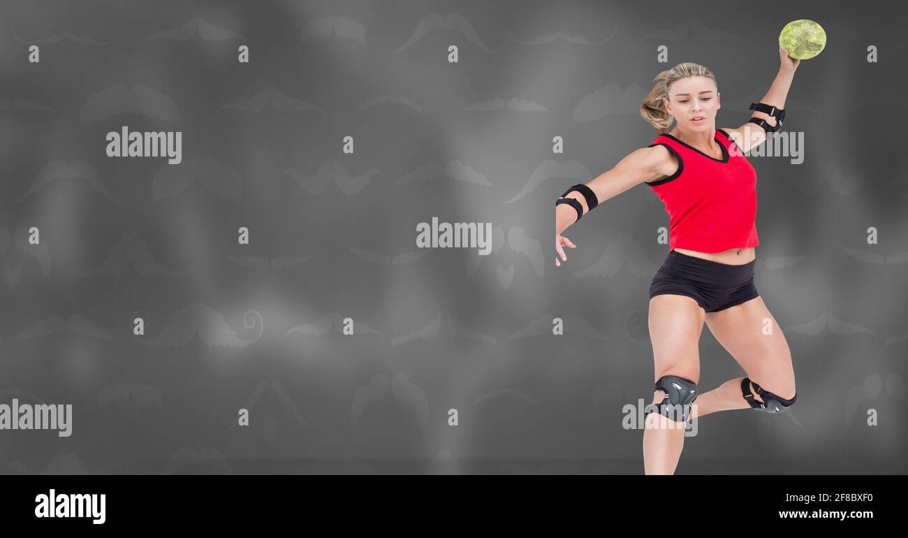 Blonde caucasian woman throwing a softball midair over moustaches background Stock Photo