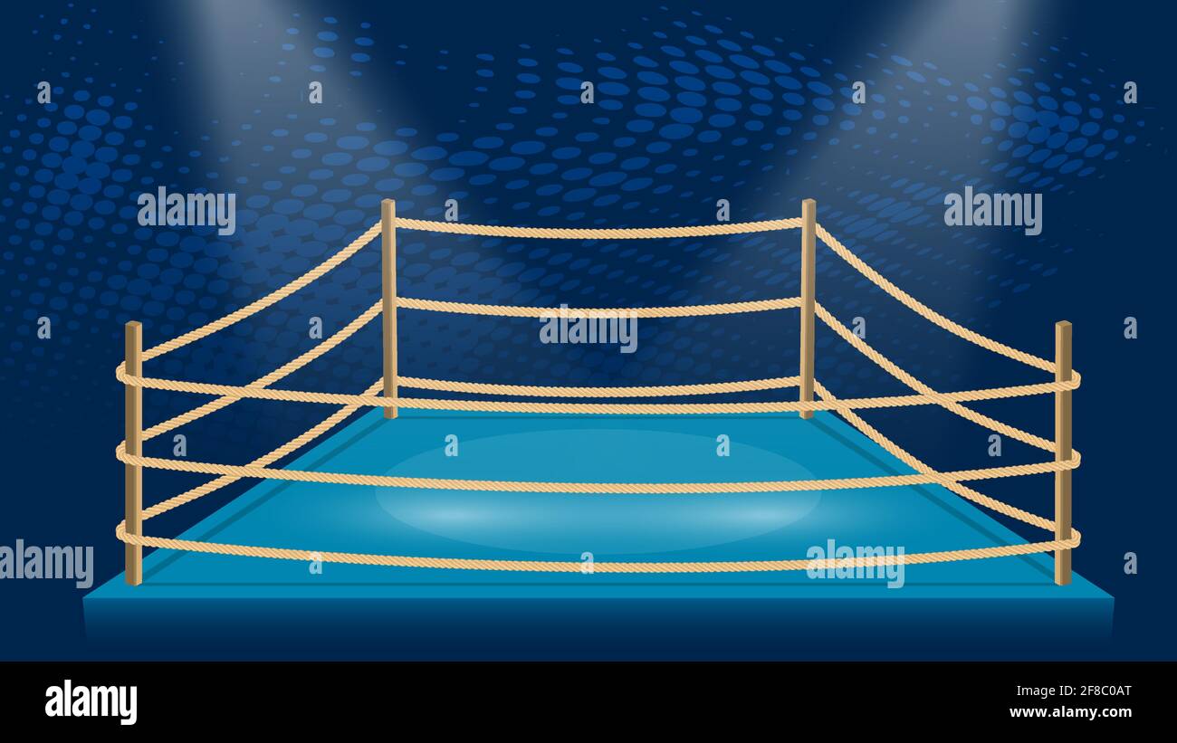 arena for boxing and illegal martial arts matches. Empty sports ring illuminated by beams of spotlights. Vector in cartoon style Stock Vector