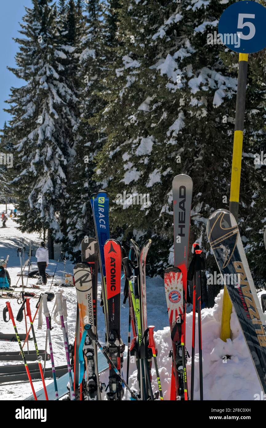 skis of holidaying tourists,Vitosha mountain,Bulgaria, Stock Photo