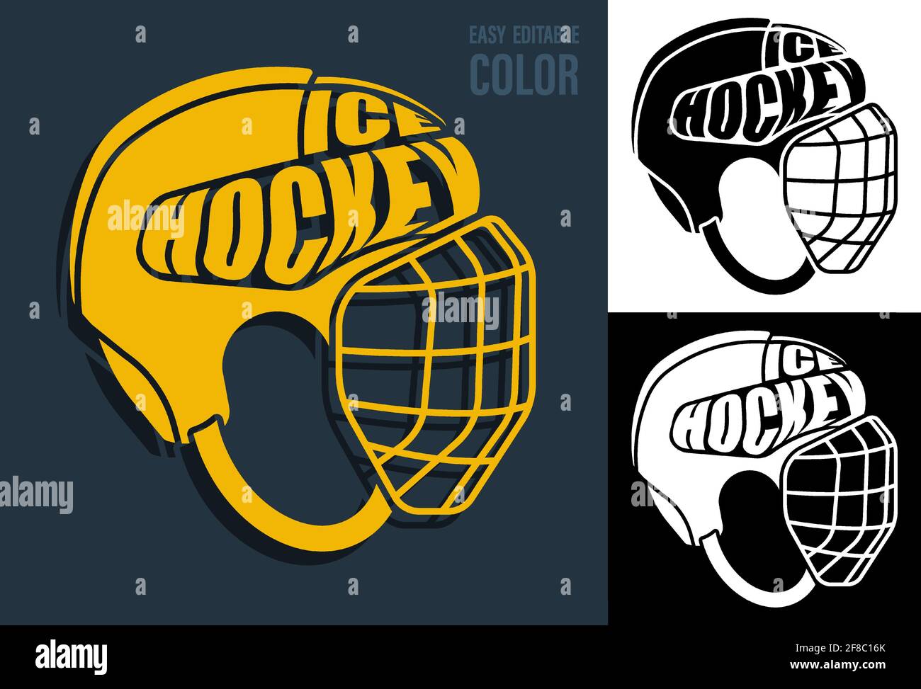 Volumetric letters with name ICE HOCKEY on background of sports protective helmet. Element for print and design of sports competitions. Isolated vecto Stock Vector