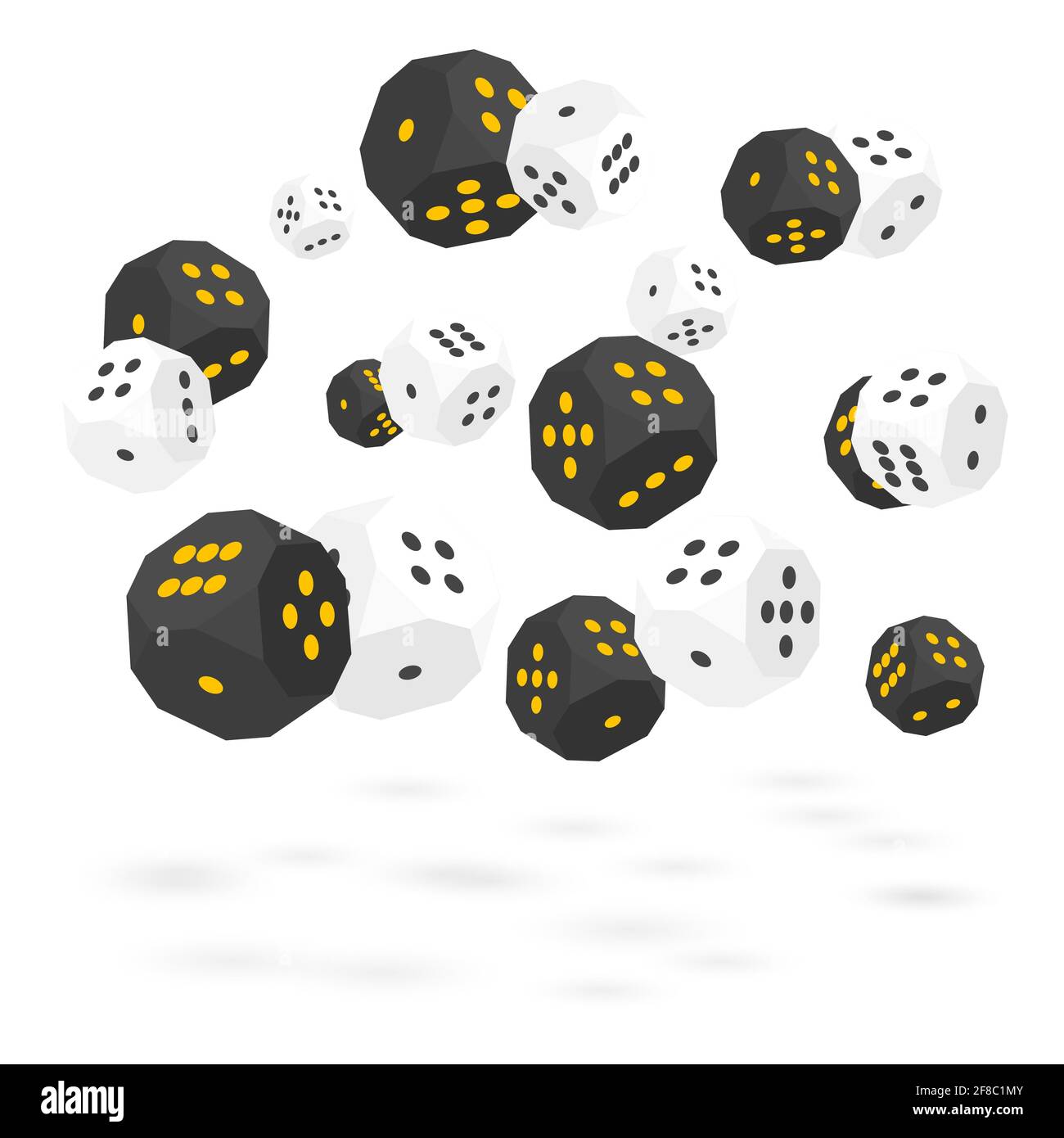White and black dices with shadow. Flat 3D isometric style, vector illustration. Stock Vector