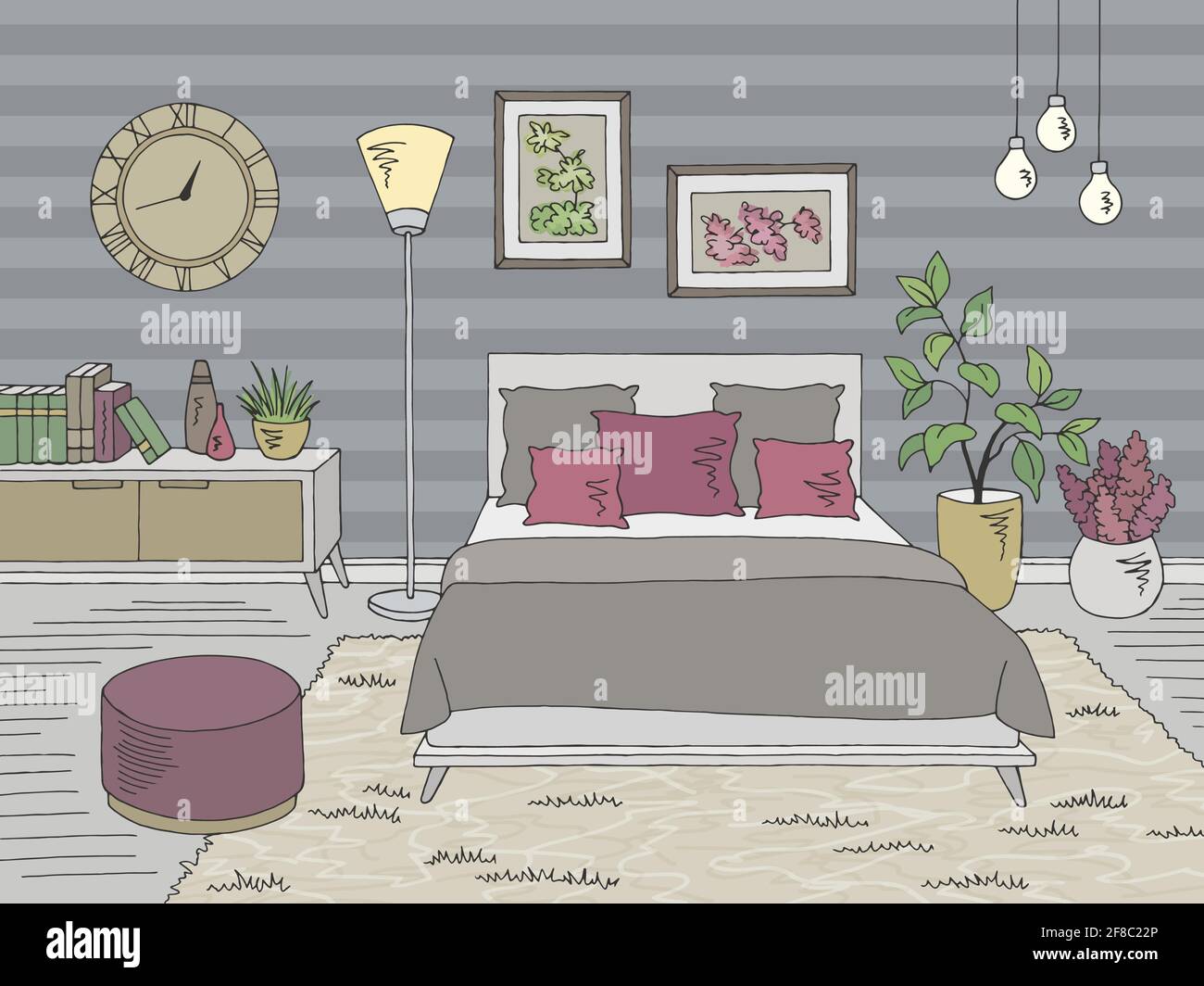 Bedroom graphic color home interior sketch illustration vector Stock Vector