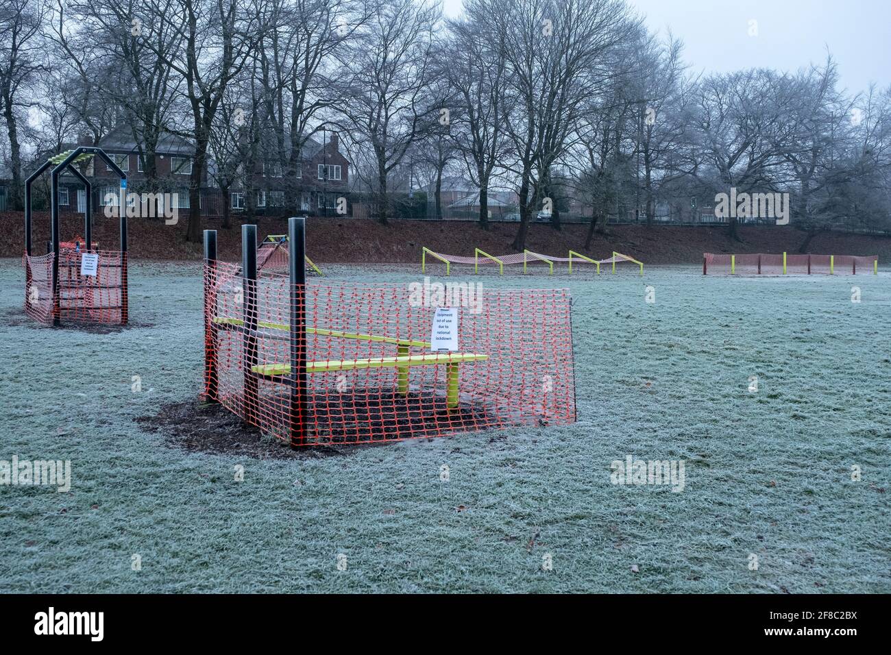 Free exercise obstacles closed off and banned from public us due to Covid-19 pandemic, Walsall. Stock Photo